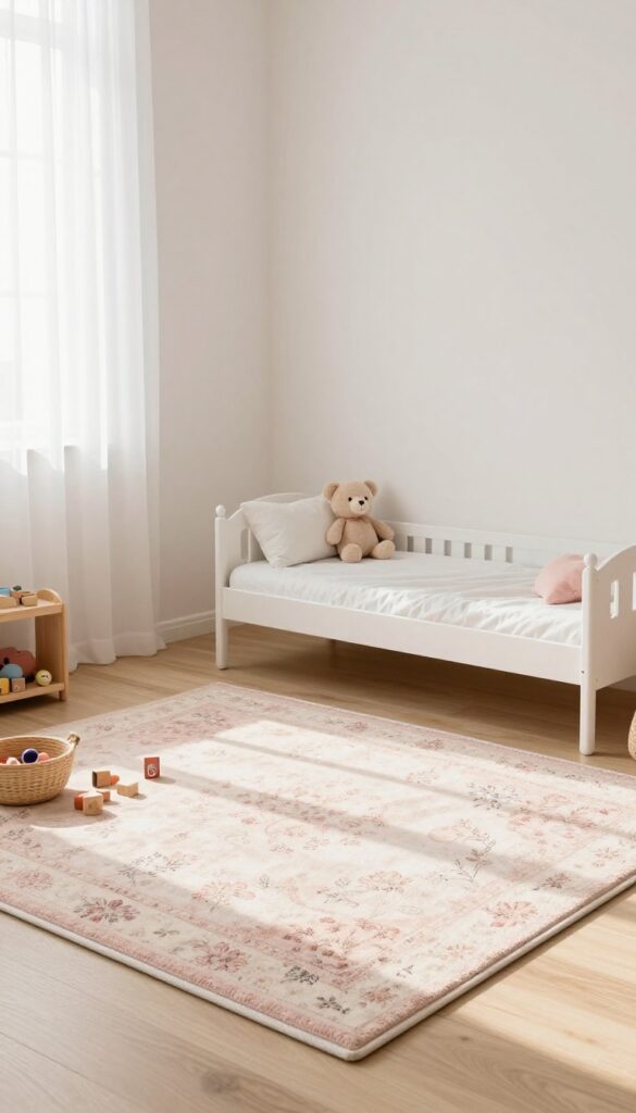 Bright toddler girl's bedroom with a large plush blush pink and cream floral area rug under a small white bed, natural light, and cozy pastel decor