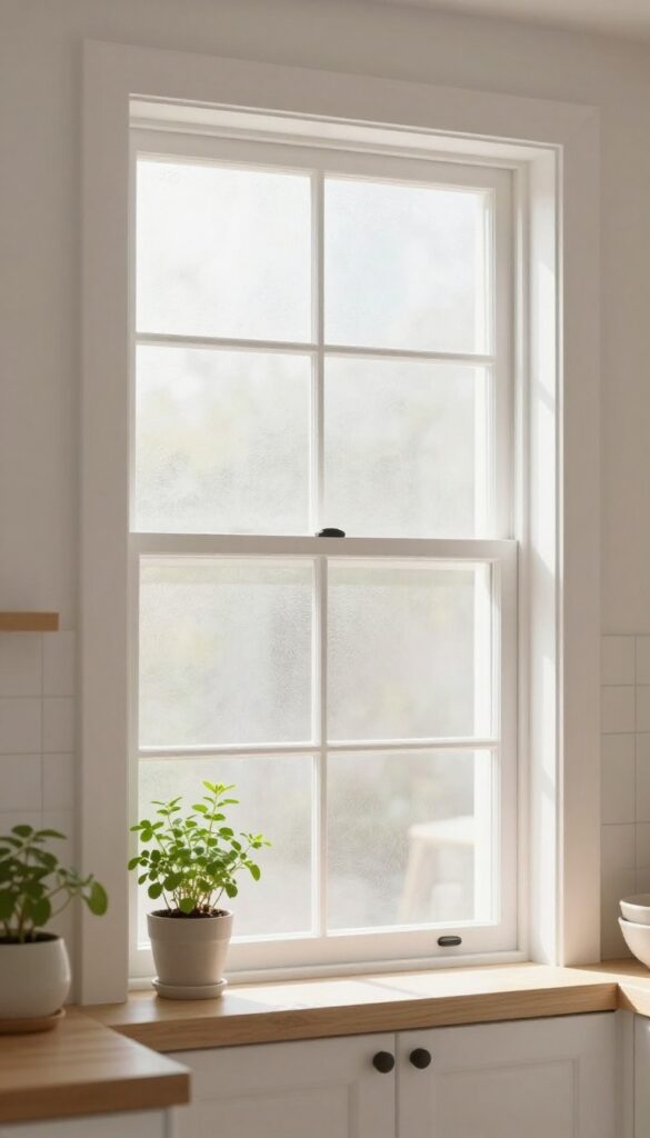 Bright kitchen window with frosted film on the lower half for privacy, letting soft sunlight fill the room while keeping a clean cafe-curtain look.