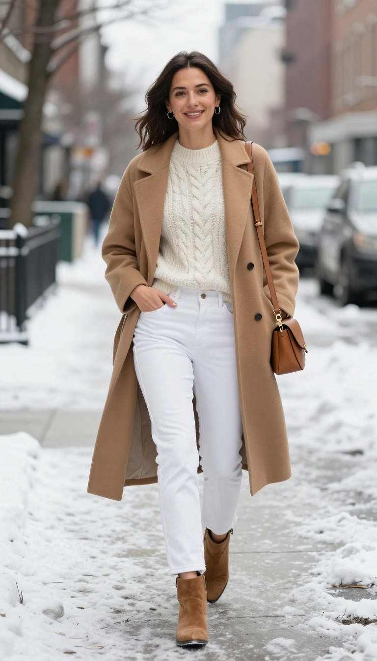 6. White Jeans and Tan Suede Boots for a Winter White Look