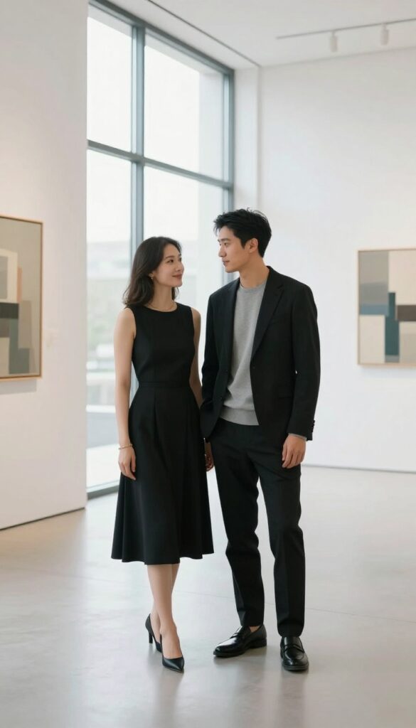 Elegant couple in black and grey monochrome outfits in a bright art gallery, she in a little black dress, he in a black blazer over grey sweater.