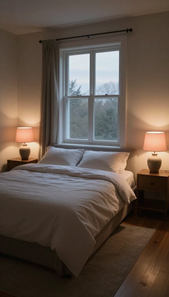 Two ceramic bedside lamps with soft pink shades glowing warmly on matching nightstands in a cozy neutral bedroom at dusk.