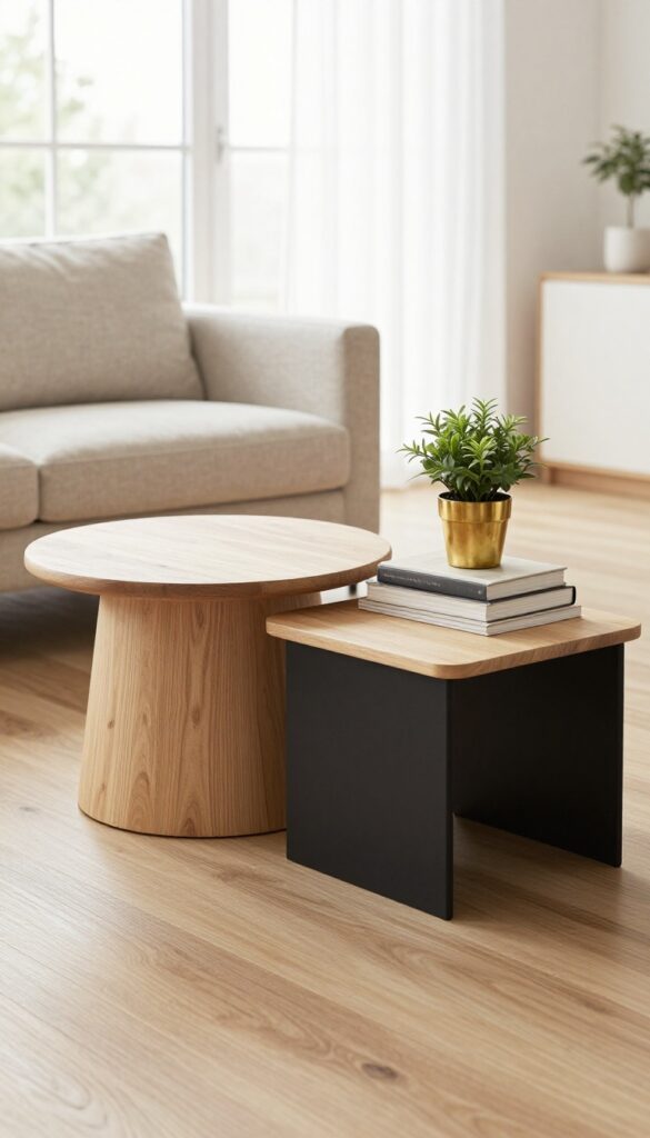 Bright modern living room with a mixed-material coffee table setup combining a round wood table and a square black metal table of different heights