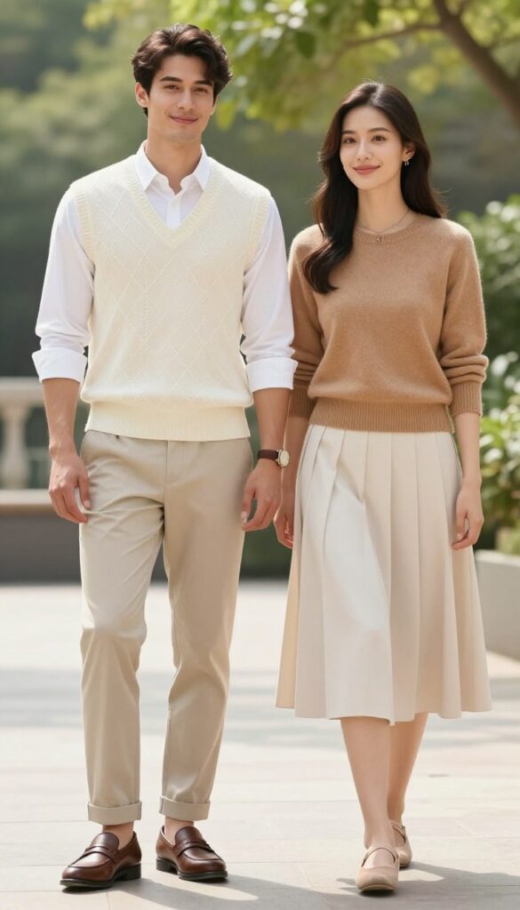 Couple wearing preppy sweater vests, he in a diamond pattern and she in a solid neutral, styled with classic preppy pieces in bright natural light.