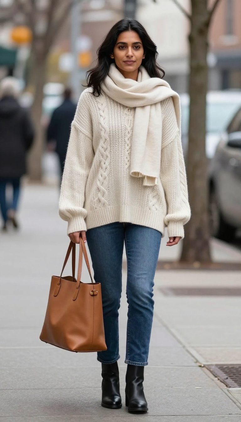 1. Oversized Cable-Knit Sweater and Straight-Leg Jeans