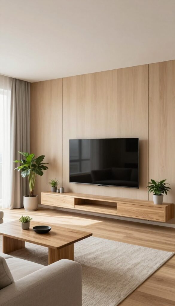 Bright modern small living room with a floating wall-mounted media console in matte wood beneath a flat-screen TV, open floor space, linen sofa, and natural daylight.