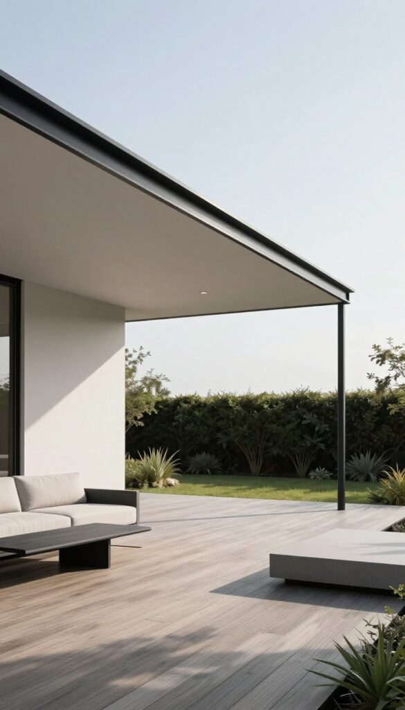Modern flat roof deck with clean horizontal lines, thin black metal posts, and minimalist outdoor furniture under bright natural light