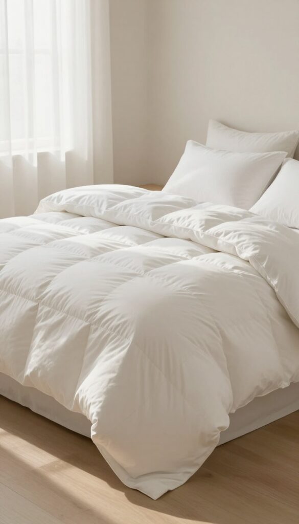 A bright bedroom with a plush white down comforter creating soft loft and a cozy, inviting bed styled with simple neutral bedding.