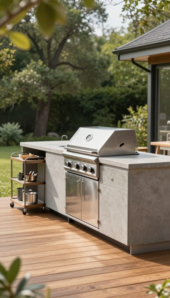 Outdoor kitchen deck with stainless steel grill, concrete countertop, storage cabinets, and a rolling prep cart on wood decking beside a house.