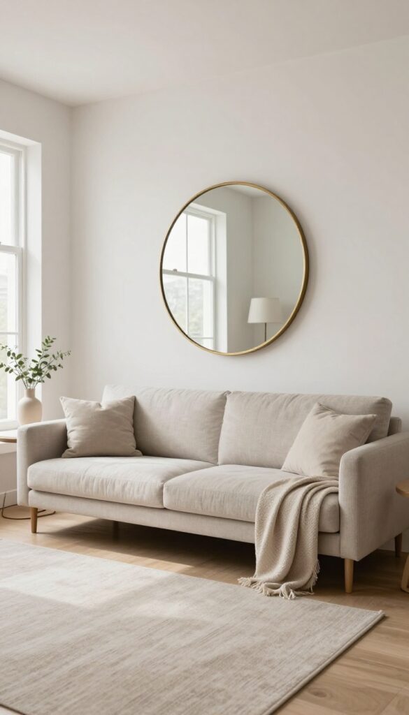 A large round brass-framed mirror centered above a modern neutral sofa in a bright living room, reflecting window light and a floor lamp.
