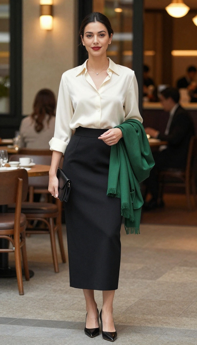 15. Tailored Long Skirt with a Silk Blouse and Pumps for Evening Elegance