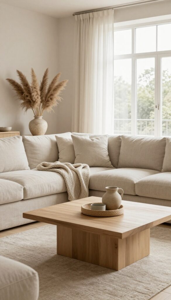 Bright organic modern living room with a linen sofa, chunky knit throw, oak coffee table, woven jute basket, stone side table, and dried pampas grass in natural daylight