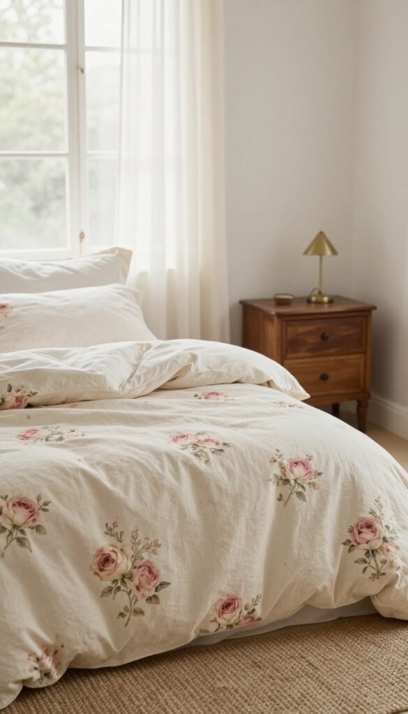 Vintage rose floral comforter in faded pink and cream on a bed with cream sheets, antique wooden nightstand, and soft natural light in a romantic bedroom