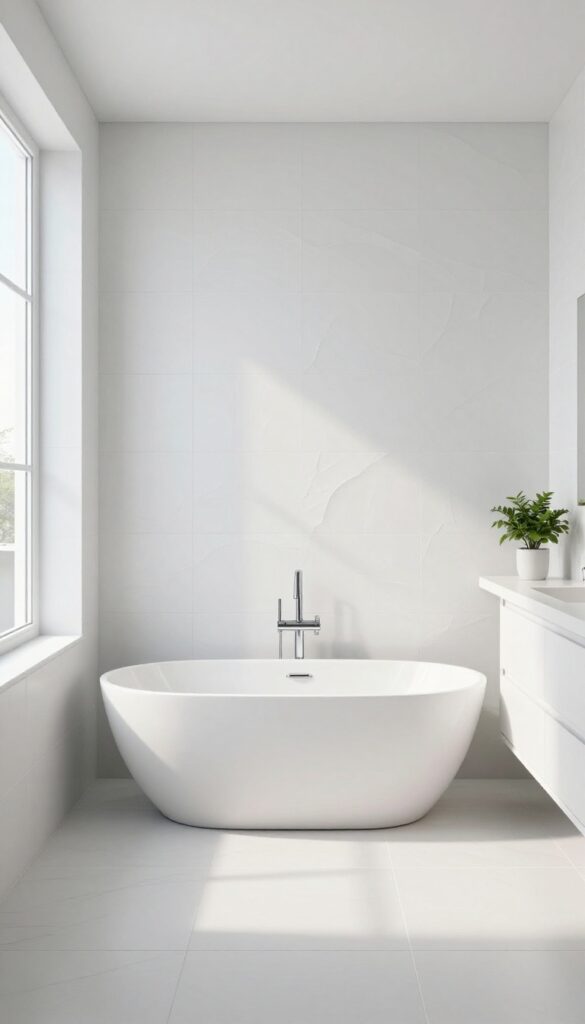 Bright bathroom with large white tiles and a textured white wave-pattern feature wall, soft natural light, minimalist white fixtures, and a small plant.
