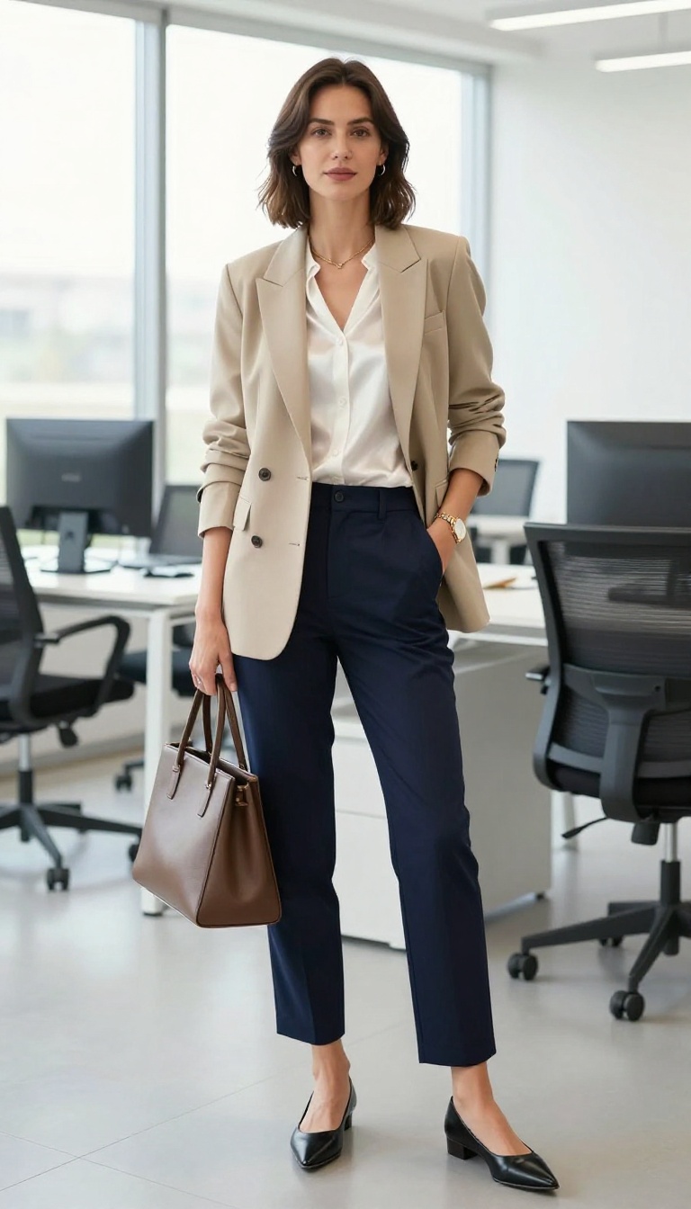 4. The Tailored Blazer over a Silk Blouse and Straight-Leg Pants