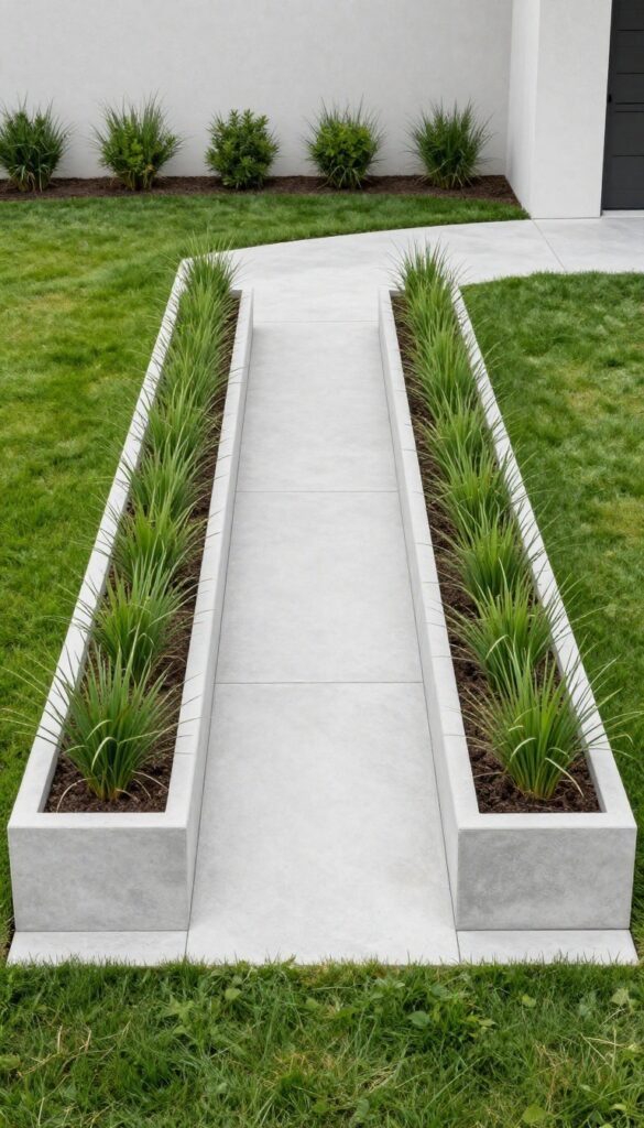 Two smooth rectangular concrete raised planters with low-maintenance greenery flanking a modern front walkway, framing the home entry against a manicured lawn in bright natural light.