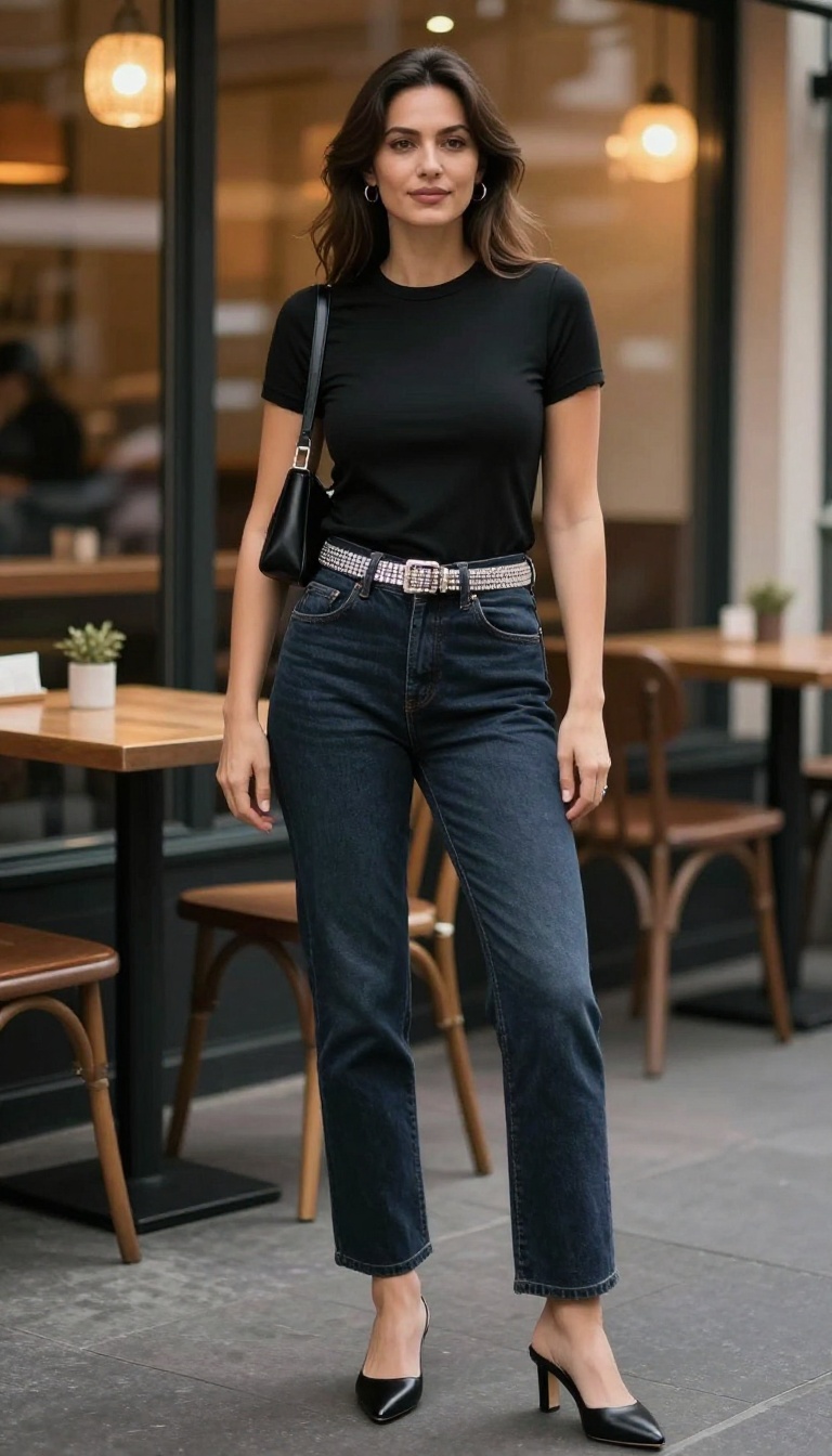 15. Rhinestone Belt with Straight-Leg Jeans