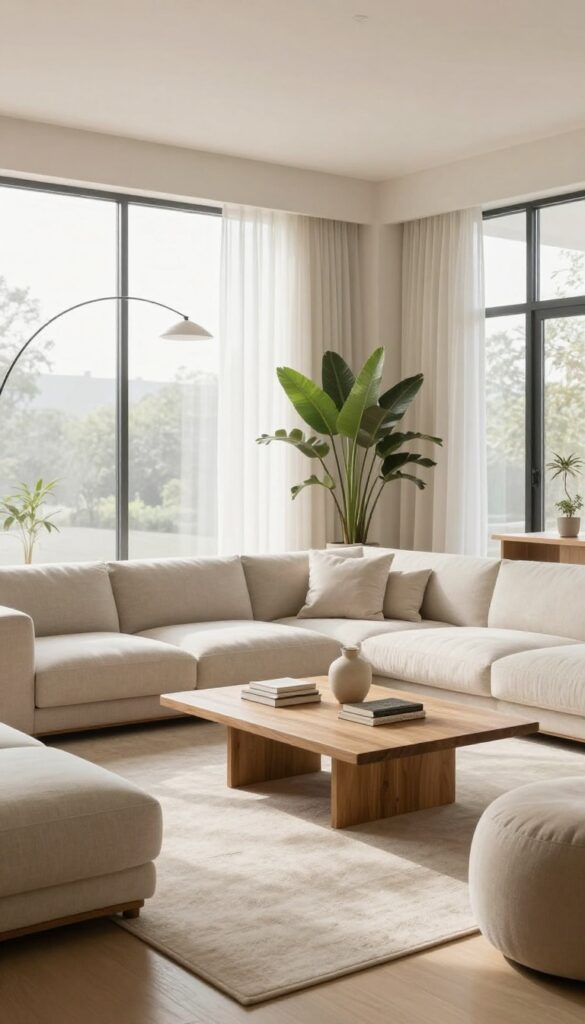 Bright modern living room with a low-back neutral sofa, low coffee table, floor cushions, a pouf, a tall potted plant, and a slim floor lamp under high ceilings