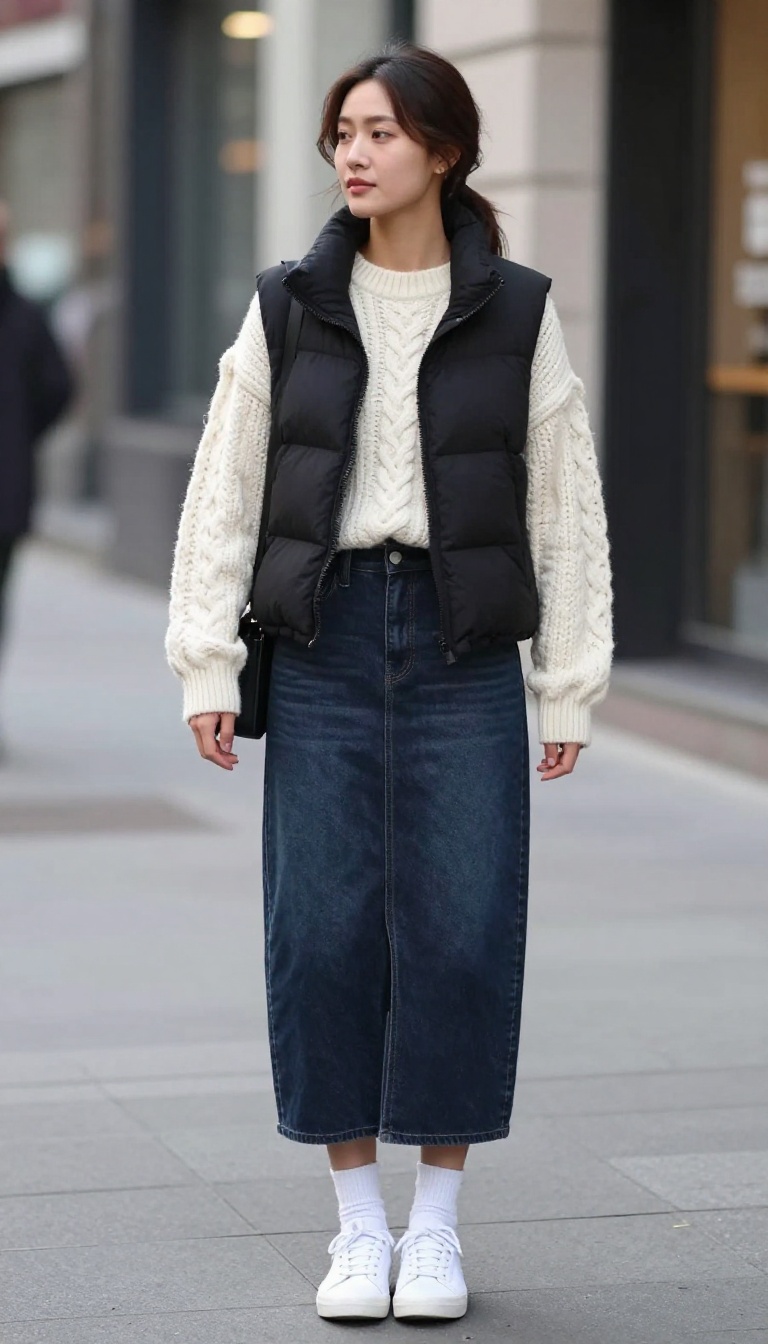 3. Denim Maxi Skirt with a Chunky Cable-Knit and Sneakers