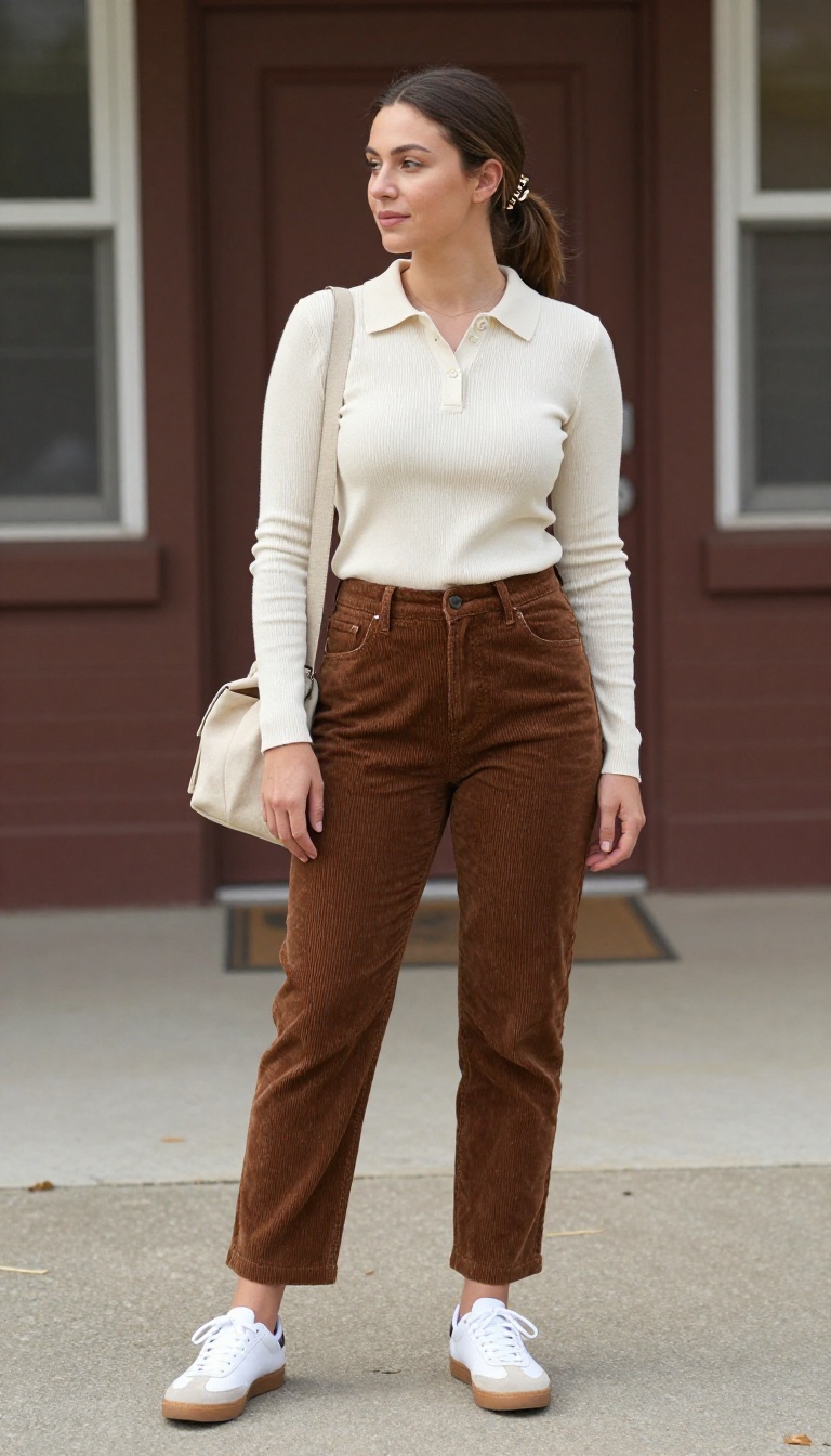 7. Corduroy Pants + Ribbed Polo + Retro Sneakers
