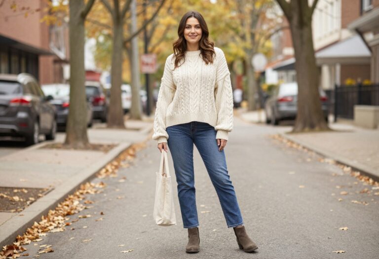 Woman wearing a cozy oversized sweater and straight-leg jeans with ankle boots, standing on a city street in autumn.