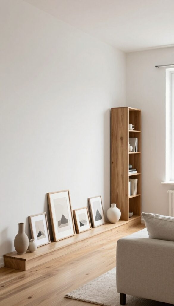 Bright living room wall with a long wooden picture ledge holding neutral framed art and small decor objects in a clean Scandinavian space