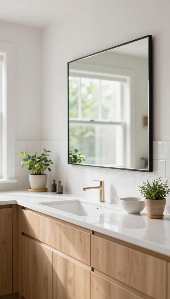 Bright small kitchen with a slim black-framed wall mirror reflecting a sunny window and light wood cabinets, making the space feel larger.