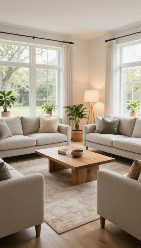 Two sofas facing each other in a bright living room with a large coffee table and area rug, creating an inviting conversation layout.