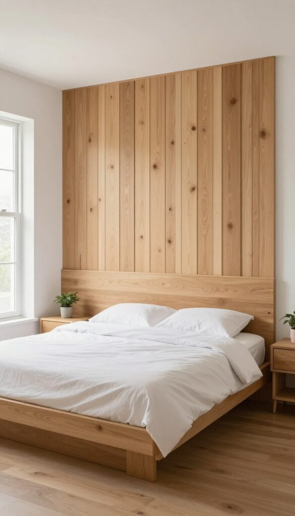 2. Wood Slat Accent Wall Behind the Bed idea