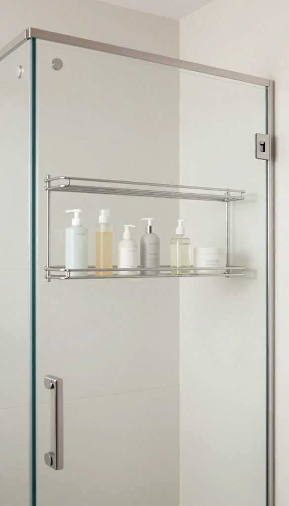 Slim over-the-door shower storage rack on the back of a glass shower door holding neatly organized toiletries in a bright modern bathroom