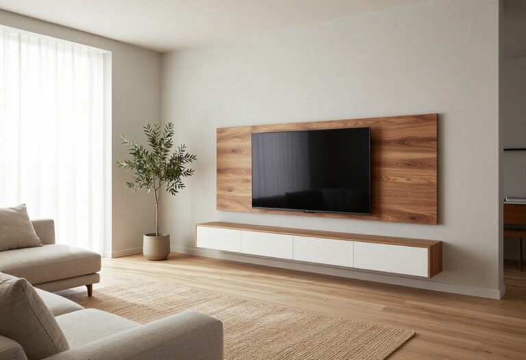Bright modern living room with a floating walnut and white wall-mounted TV unit, minimalist sofa, and natural daylight