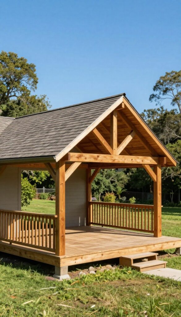 Classic gable roof deck with pitched triangular roof, exposed wooden beams, and sturdy posts attached to a suburban house on a sunny day.