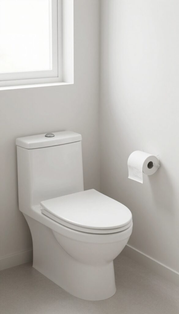 Bright modern bathroom corner with a clean white toilet that has a realistic bowl and tank design, tucked neatly into the corner beside a wall with a toilet paper roll nearby in soft natural light.