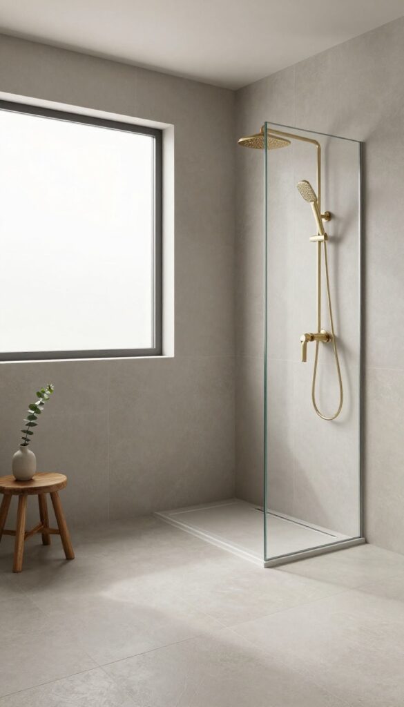 Bright modern bathroom with a curbless walk-in shower, large-format gray tile floor flowing seamlessly into the shower area, linear drain, and frameless glass panel in natural light