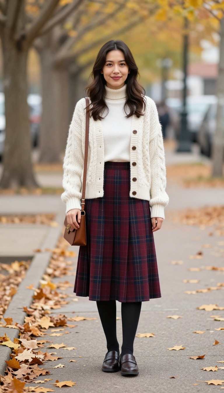 5. Plaid Wool Skirt and Chunky Cardigan