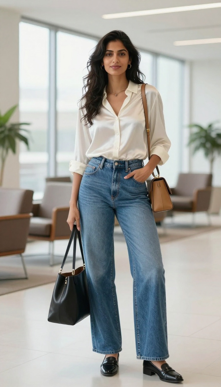 3. High-Waisted Wide-Leg Jeans with a Tucked-in Blouse and Loafers