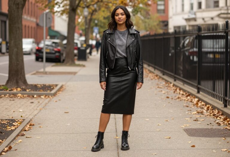 Woman wearing a black leather midi skirt, band tee, leather jacket, and combat boots for a grunge fall outfit.