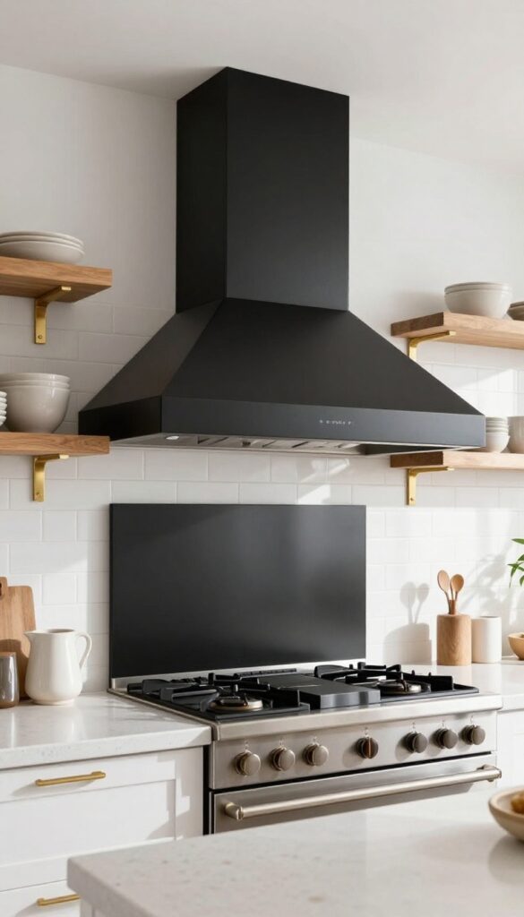 Bright modern kitchen with a smooth matte black range hood above a stainless steel stove, white subway tile backsplash, warm wood open shelving with brass hardware, and natural daylight.