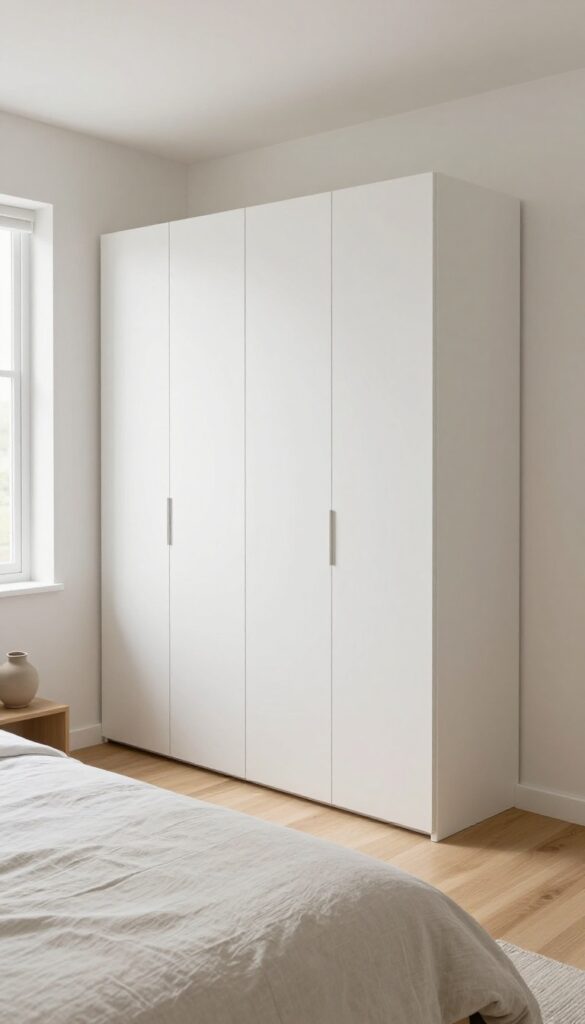 Small bright bedroom with a floor-to-ceiling built-in wardrobe painted the same soft white as the wall, flat handleless doors blending seamlessly into an awkward corner beside a neatly made bed.