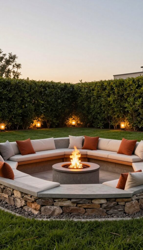 Sunken backyard fire pit lounge with built-in wraparound bench seating and a bright flame at golden hour