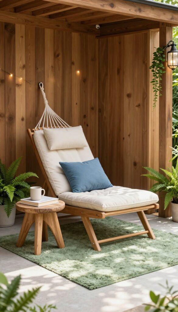 Cozy under-deck patio reading nook with a hammock, cushioned lounge chair, side table with book and mug, layered rugs, and soft greenery in bright natural light