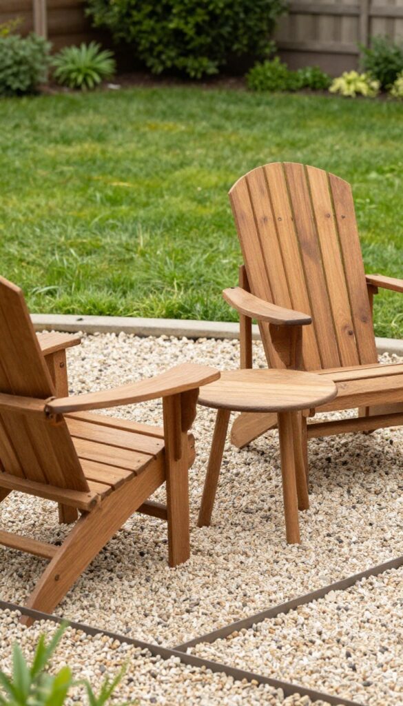 Cozy front yard gravel patio with two cedar Adirondack chairs and a small side table on pea gravel, bordered by metal edging and green lawn in bright natural light