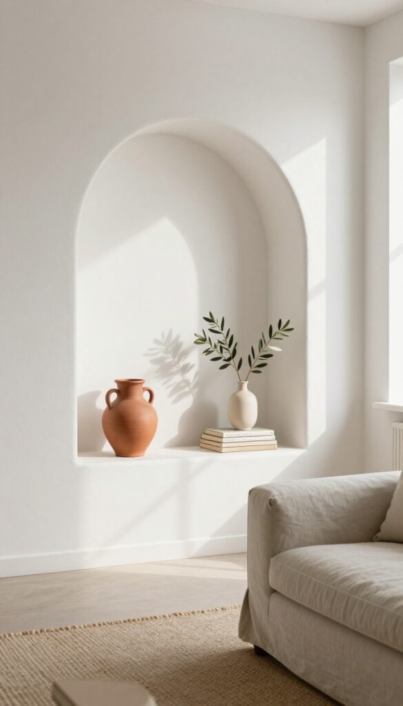Bright living room with a smooth plaster arched wall niche styled with matte pottery, books, and a dried branch in natural daylight.