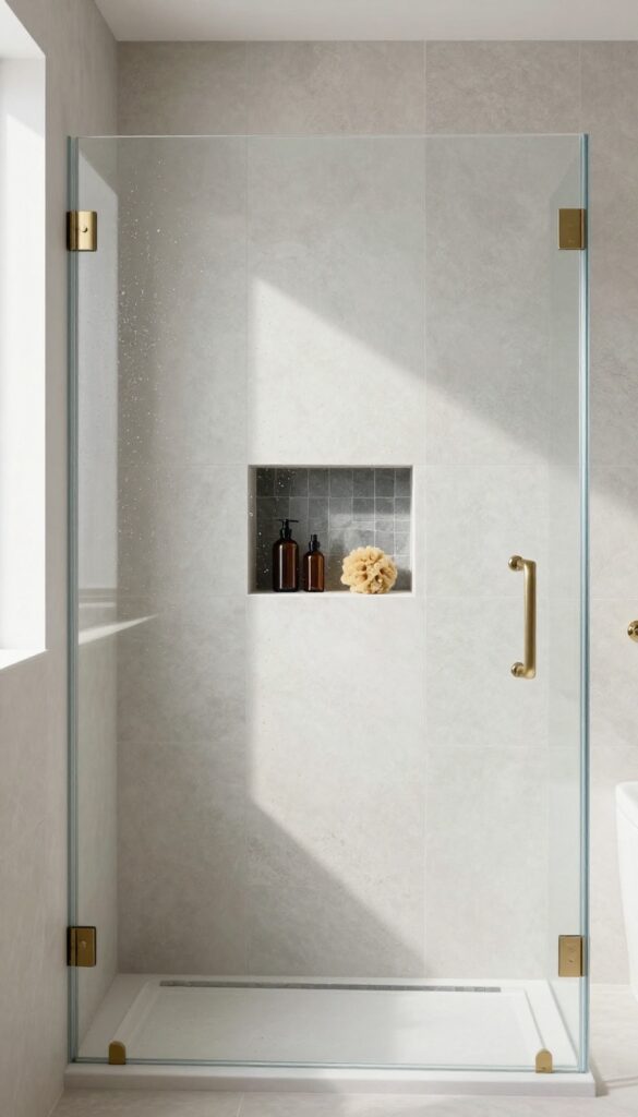 Modern shower with a large built-in recessed wall niche lined in contrasting dark mosaic tile, holding unlabeled bottles and a sponge, bright natural light on light gray tile walls