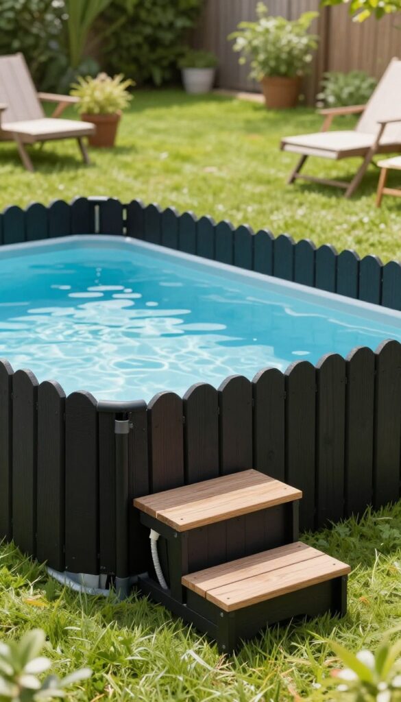 Above ground pool with a black wooden skirt hiding the pool wall, on a sunny green lawn