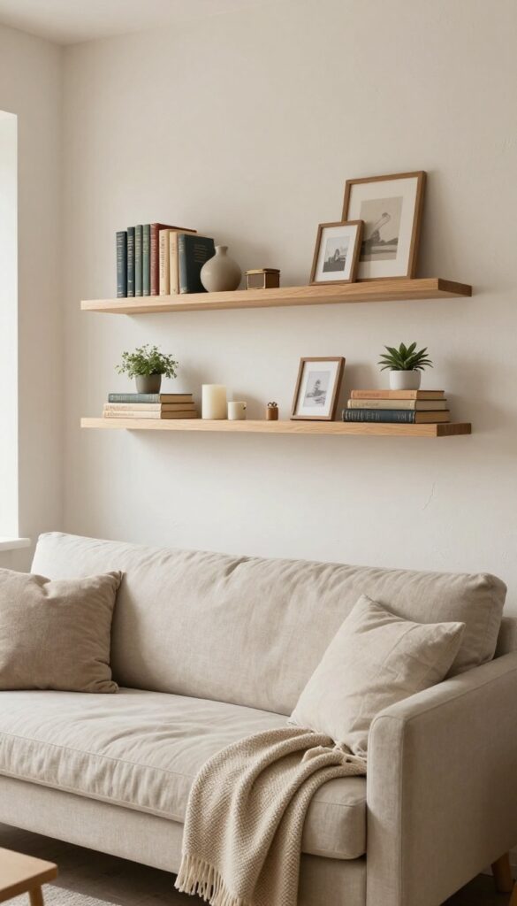 Cozy cottage living room with light wood floating shelves above a linen sofa, styled with vintage books, small vases, picture frames, and candles in bright natural light