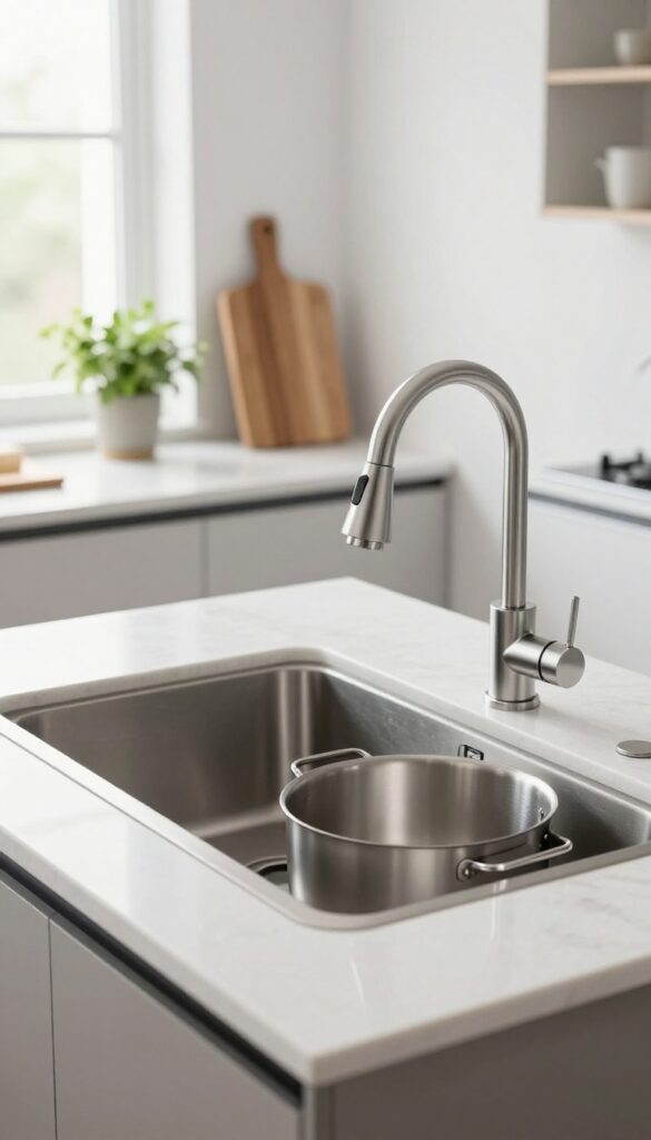 Modern small kitchen with a deep single-bowl stainless steel sink, pull-down faucet, and large pot and baking sheet resting in the wide basin under bright natural light