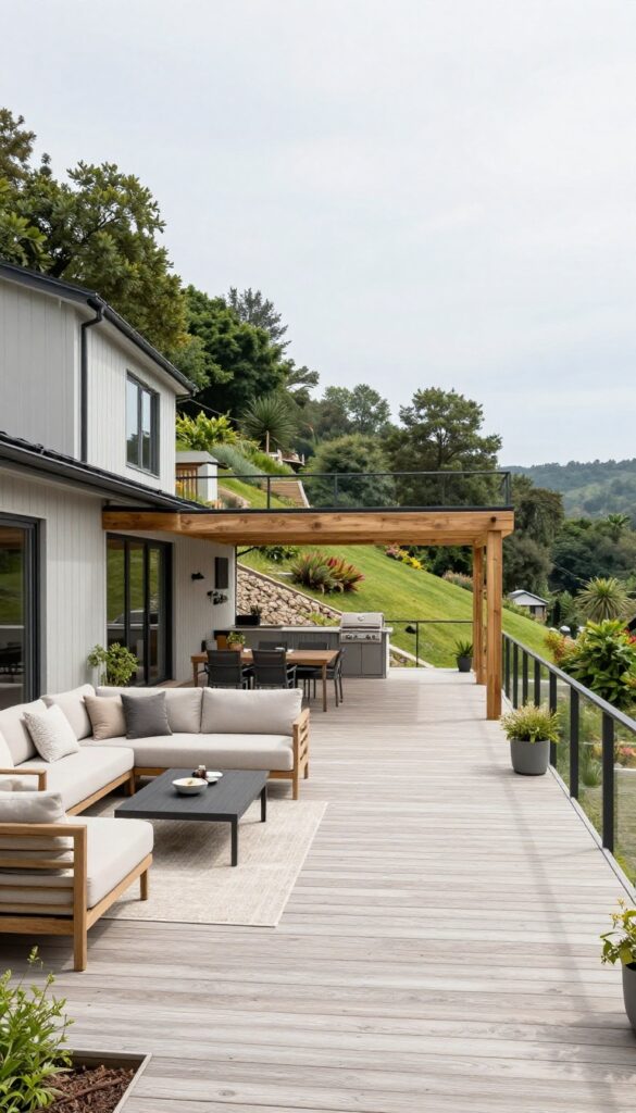 Wraparound elevated deck on a sloped yard with a lounge zone, dining area, and grill station, open railings framing a distant view in bright natural light.
