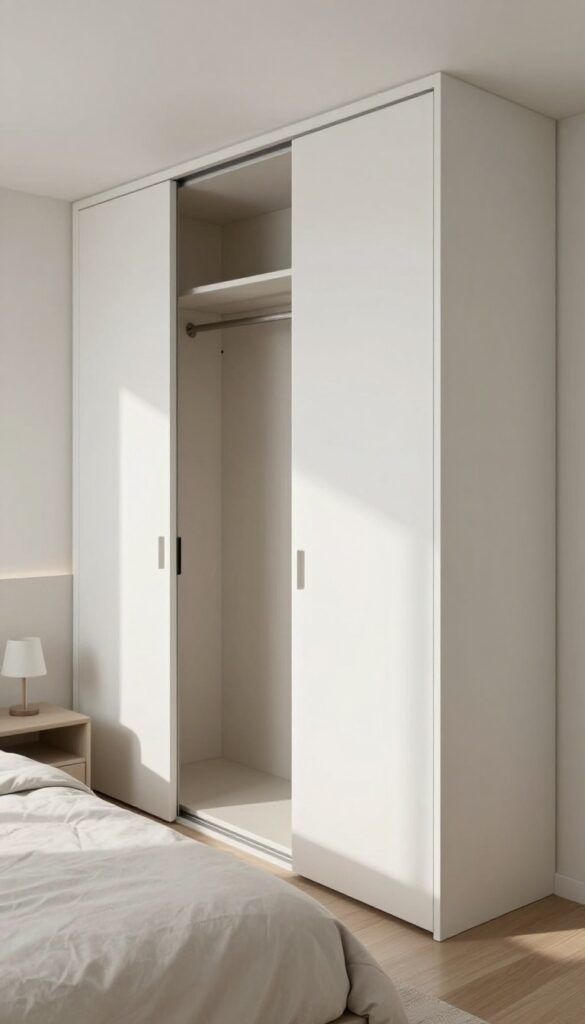 Bright small bedroom with a flush matte white sliding door wardrobe beside a neatly made bed, showing how sliding doors save walking space in a narrow room.