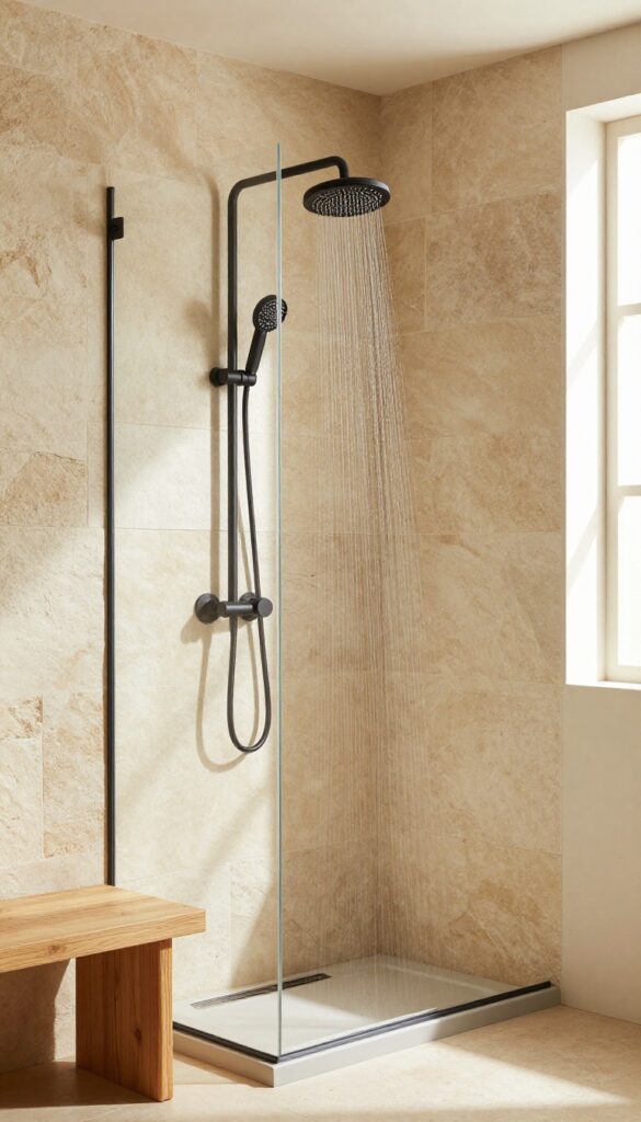 Rustic walk-in shower with matte black showerhead, handle, and trim against warm stone tile and wood, lit by bright natural light