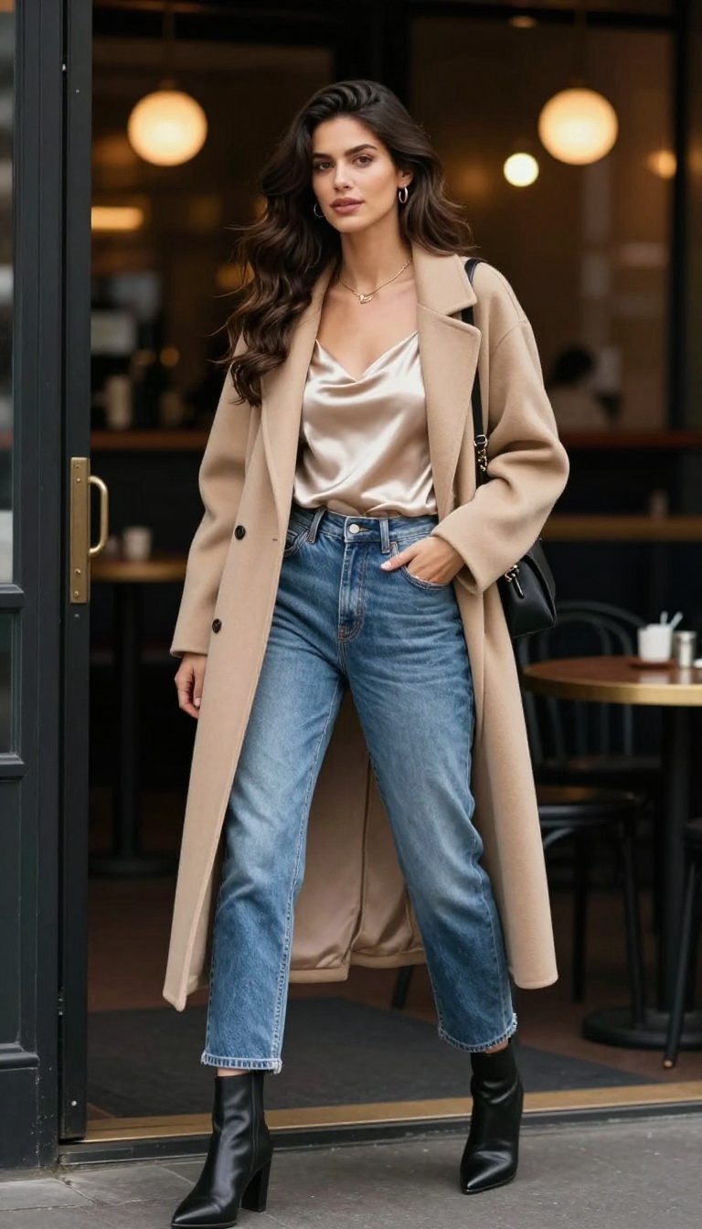 6. Satin Cami and Mom Jeans with Heeled Boots